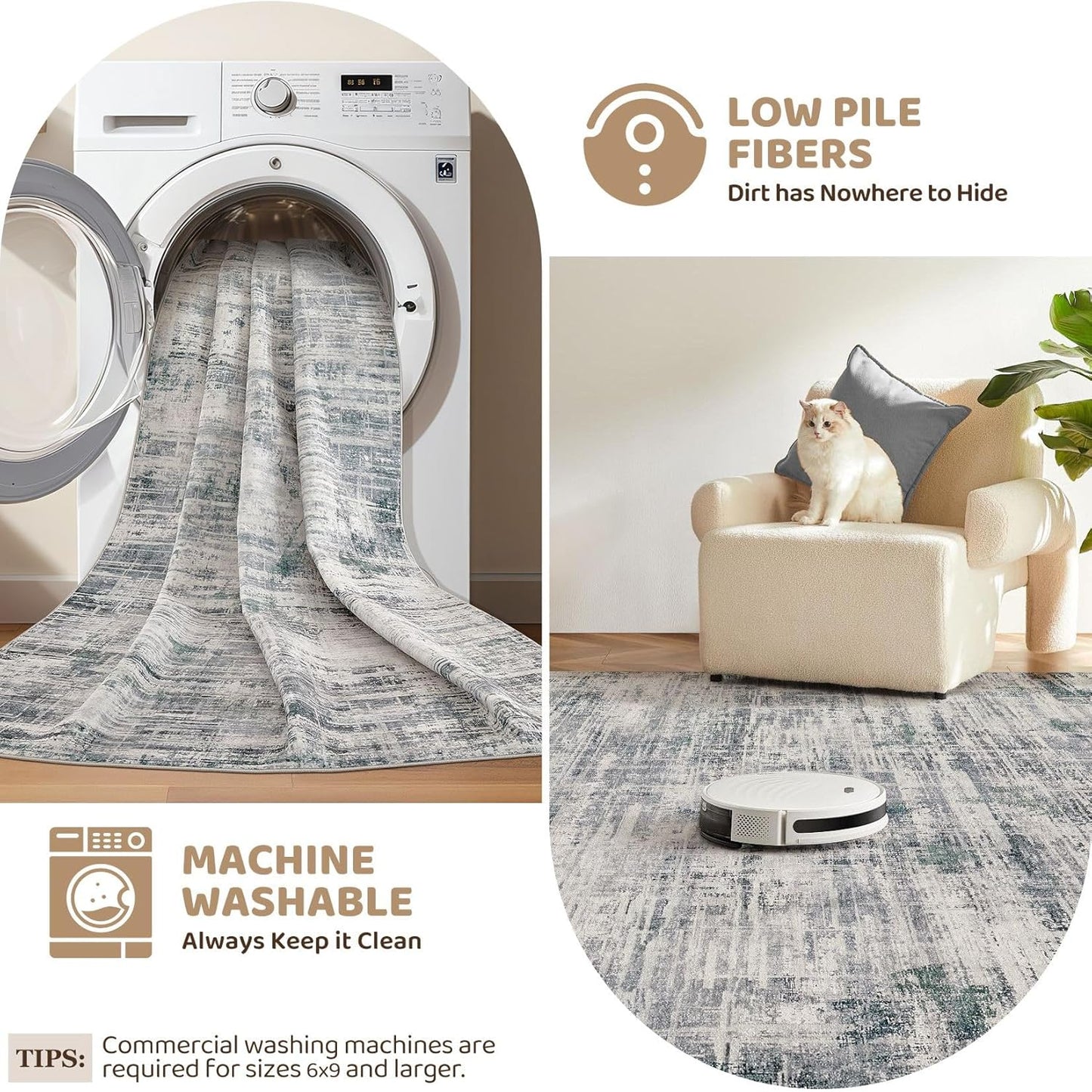 Area Rug for Living Room: 8x10 Washable Neutral Abstract Modern Soft Rugs Non Slip Indoor Floor Stain Resistant Large Carpet for Bedroom Dining Room Office Nursery - Gray