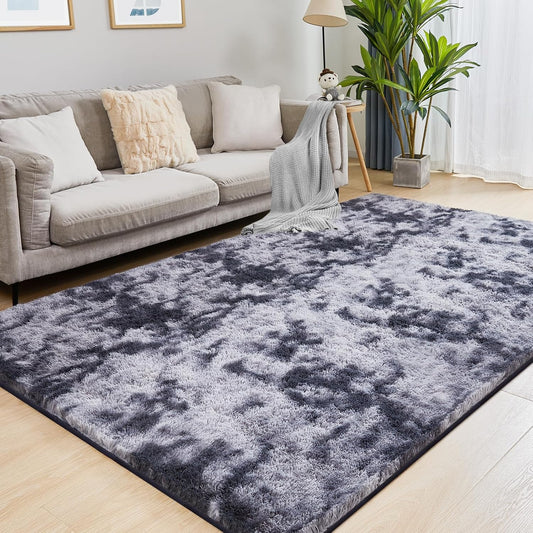 9x12 Fluffy Rugs for Living Room, Ultra Soft Plush Area Rug for Bedroom, Anti-Skid High Pile Indoor Carpet for Nursery, Kids Room, Playroom, Home Decoration, Tie-Dyed Dark Grey