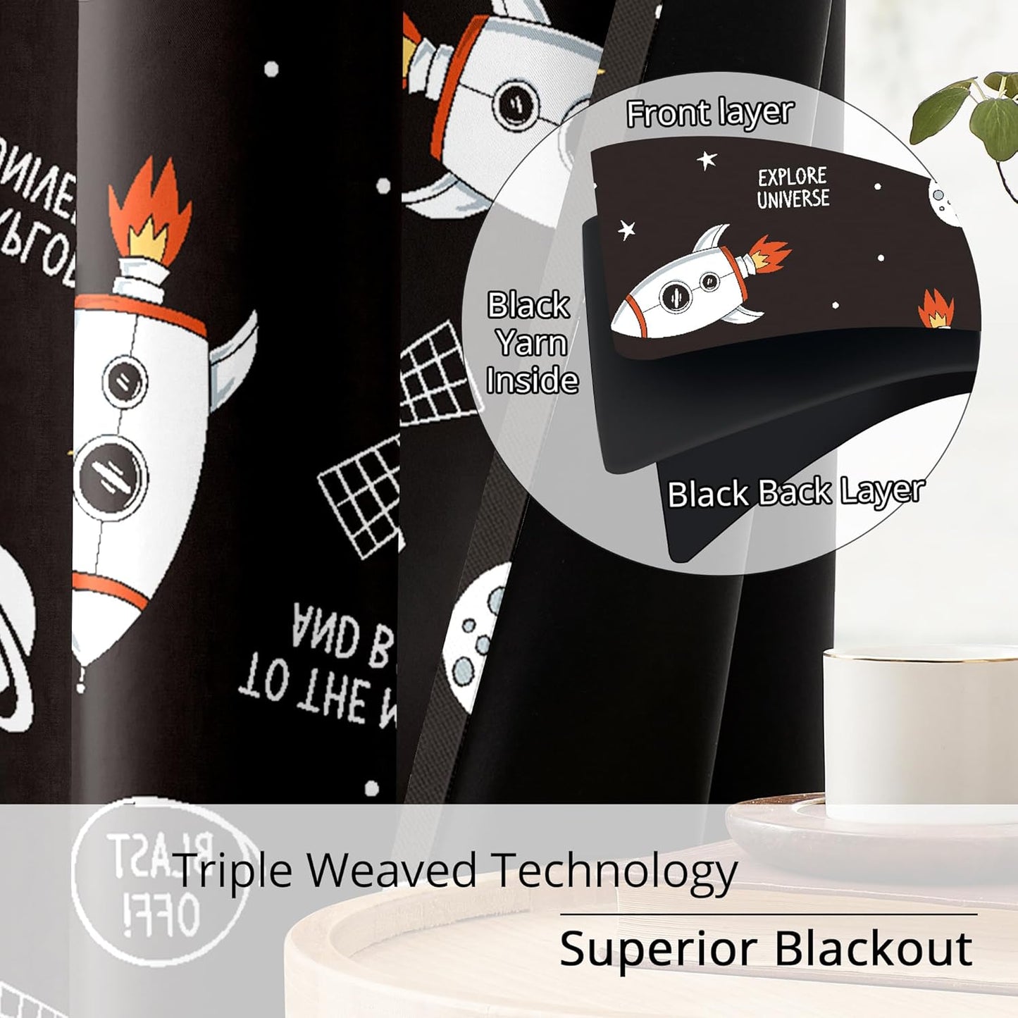 Kids Space Rocket Blackout Curtains - 100% Blackout, Thermal Insulated, Noise Reducing, Perfect for Kids Room and Nursery, 2 Panels (Blast-Off Moon Mission, W52×L63)