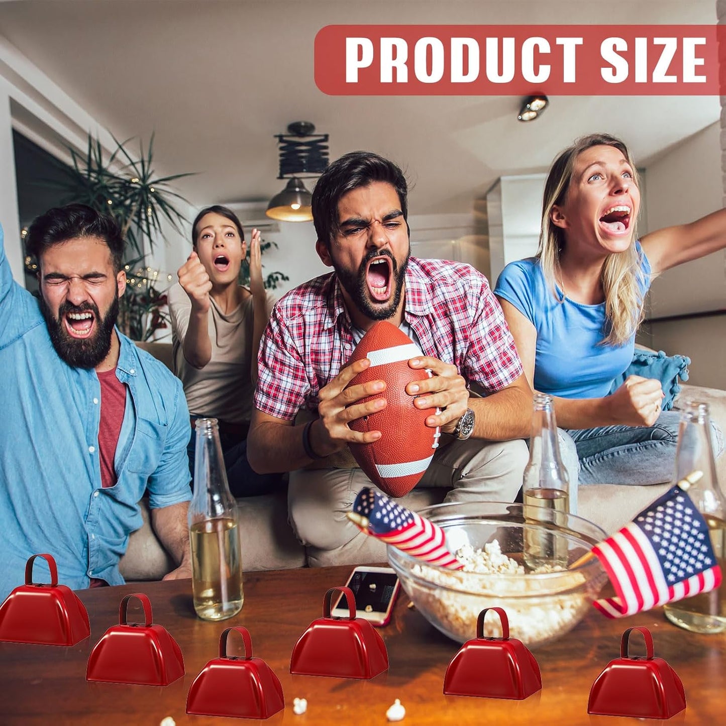 6 Pcs 3 Inch Metal Cowbells Noise Maker Hand Percussion Cow Bells with Handles for Sporting Events Cheering Noisemakers Weddings Team Spirit Sports Party Favors (Red)