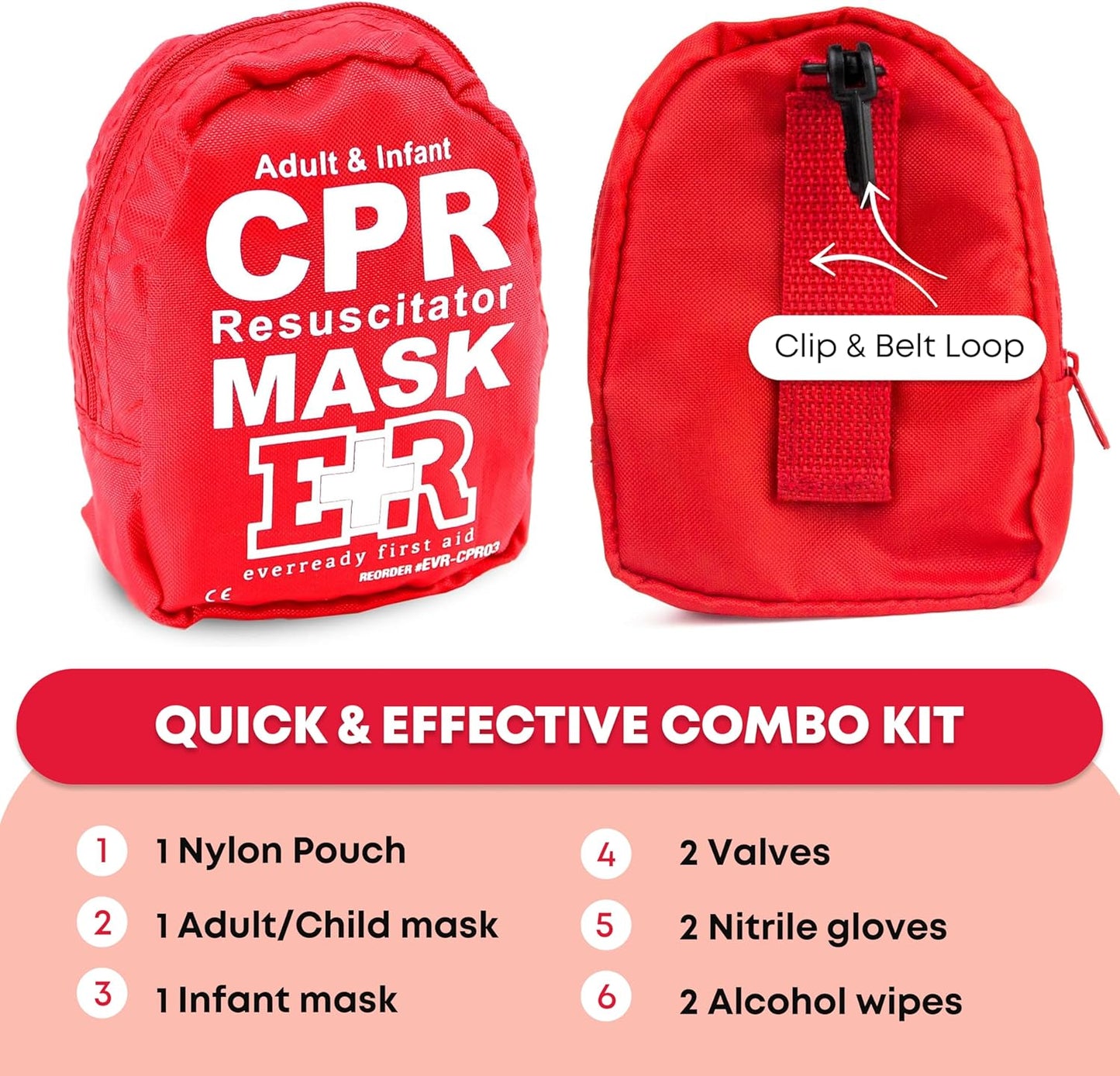 Adult and Infant CPR Mask Combo Kit – Includes 2 CPR Masks with One-Way Valves, Pair of Vinyl Gloves, 2 Alcohol Prep Pads – Portable Emergency CPR Kit – Red