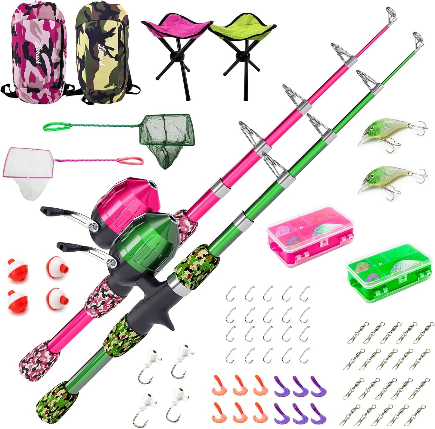 Kids Fishing Pole, Kids Portable Telescopic Fishing Rod Set, Tackle Box and Fishing Net Combo Kit, Kids Fishing Gear for Boys and Girls Age 5-10 and Youth