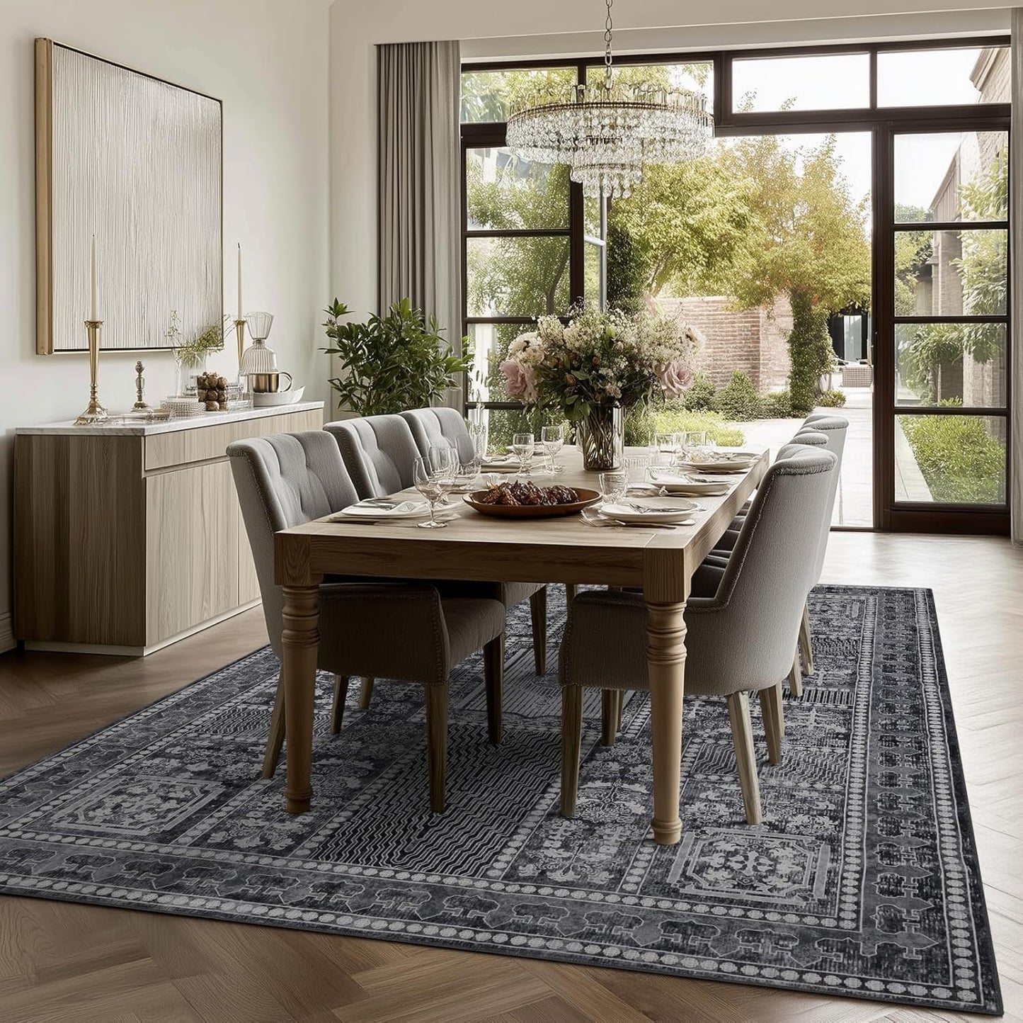 4x6 Washable Area Rug for Living Room, Carpet for Bedroom, Soft Faux Wool Retro Dining Room Rug, Non Slip&Non-Shedding Resistant Low Pile Vintage Print Rug for Home Office (Grey)