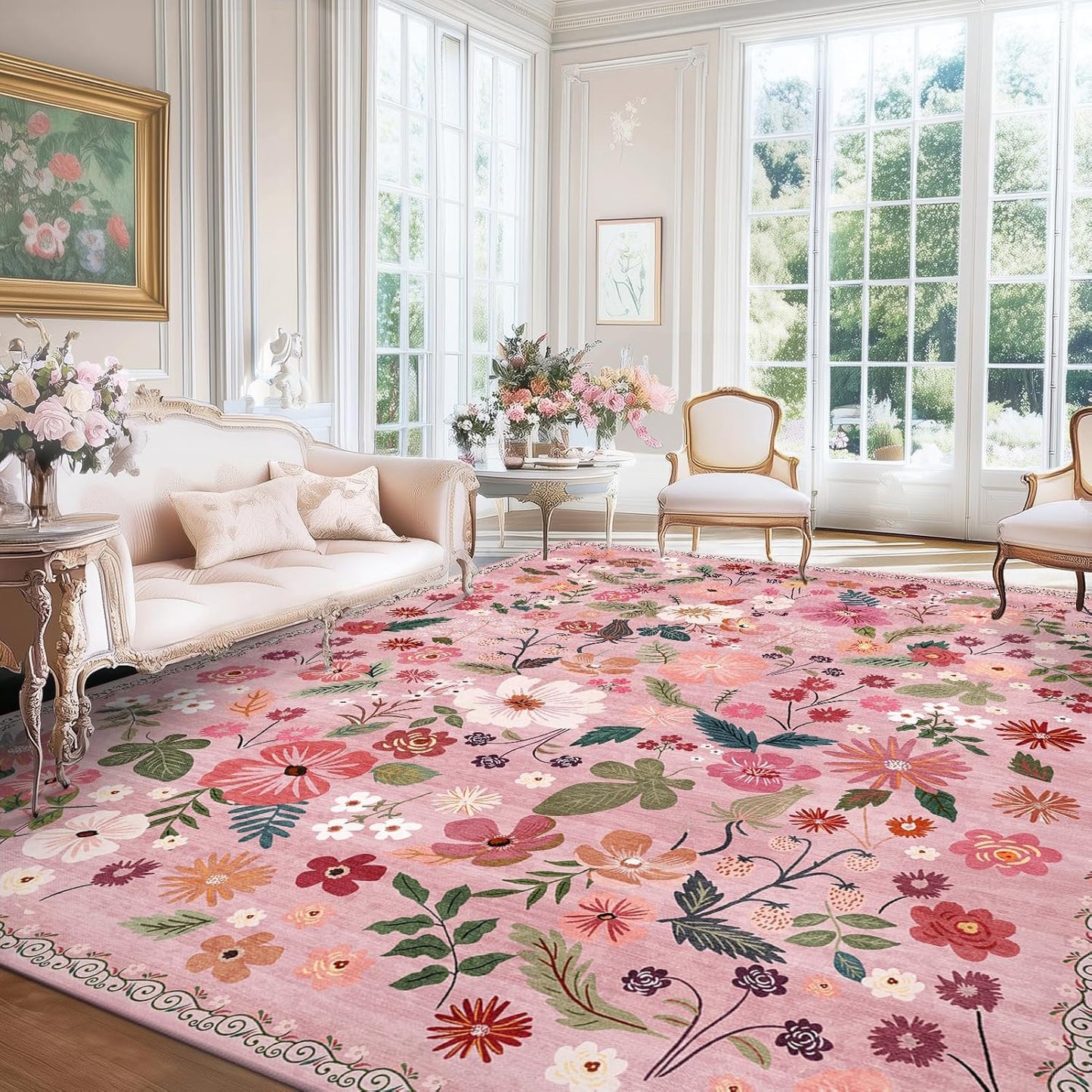 9X12 Rose Pink Rugs for Girls Bedroom Washable Floral Boho Aesthetic Carpet Rug Stain Resistant French Country Vintage Larege Area Rug for Living Room Dining Room College Dorm Kids Playroom Nursery