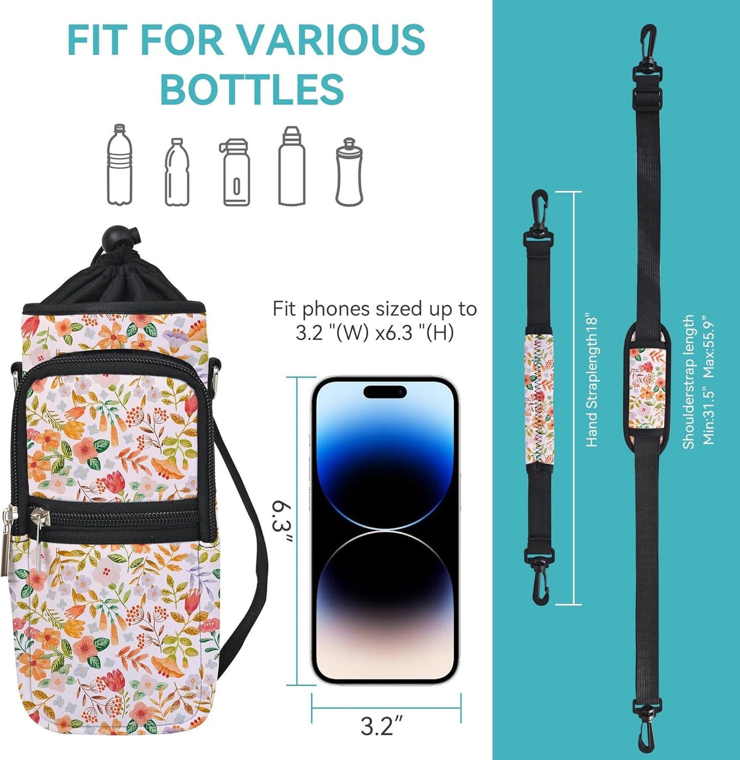 AUPET Water Bottle Sling Bag Sleeve Holder Carrier 25/32/40/64 oz,Insulated Crossbody Water Bottle Case Cover with Strap and Pockets for Men/Women Walking Hiking
