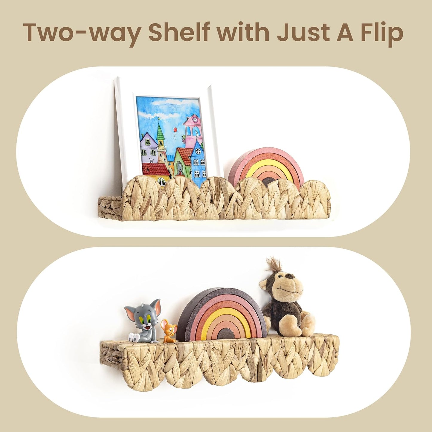 AELS Scalloped Nursery Bookshelf, Set of 2, Picture Ledge Shelf for Wall Decor, Woven Natural Water Hyacinth Floating Shelves for Books, Toys, Photo Frames, Nursery, Boho Modern Farmhouse Book Shelf