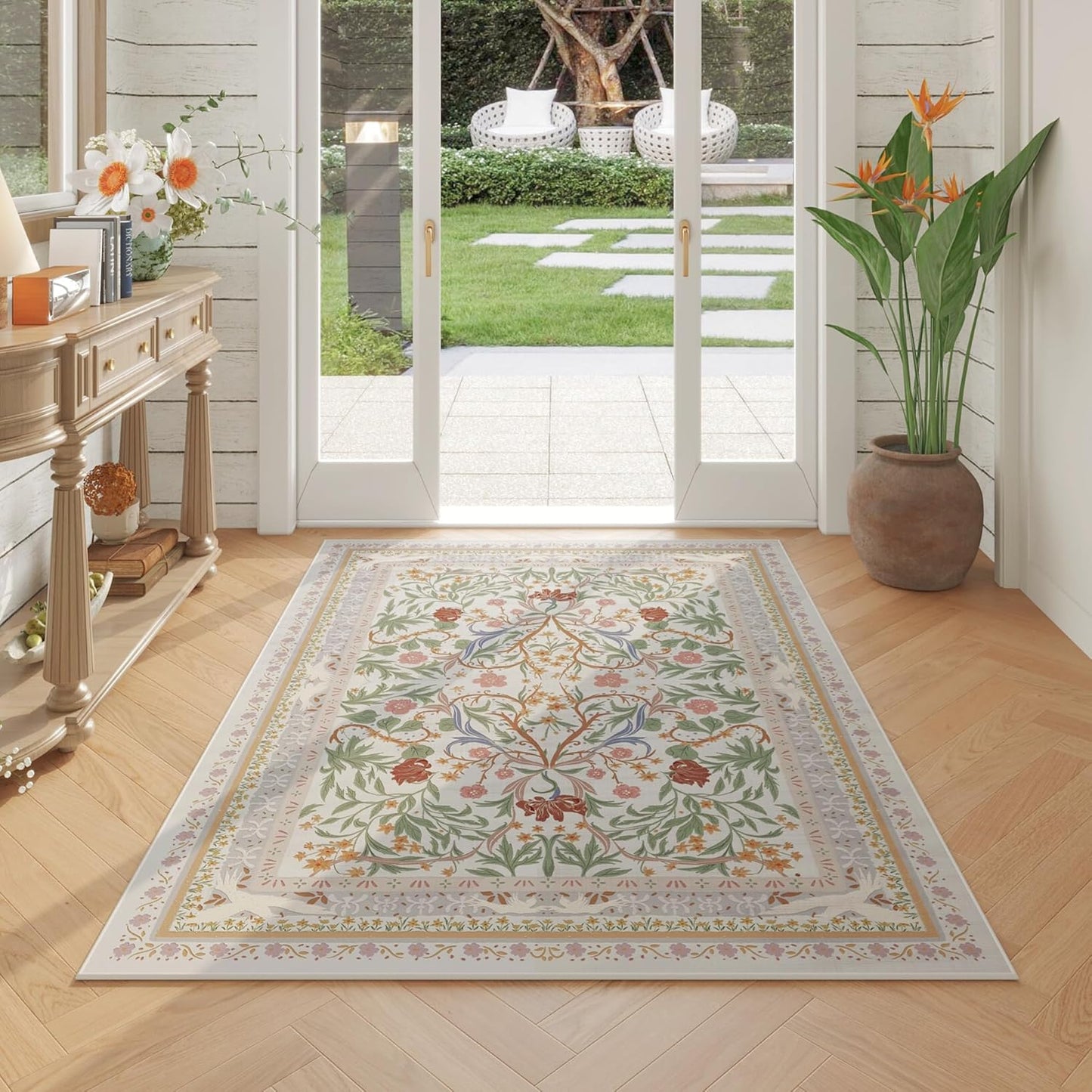 Area Rug 4x6 Rug Washable Vintage Floral Botanical Rugs Non Slip Low Pile Small Carpet for Bedroom, Bedside, Kids Room, Office, Dining Room, Beige