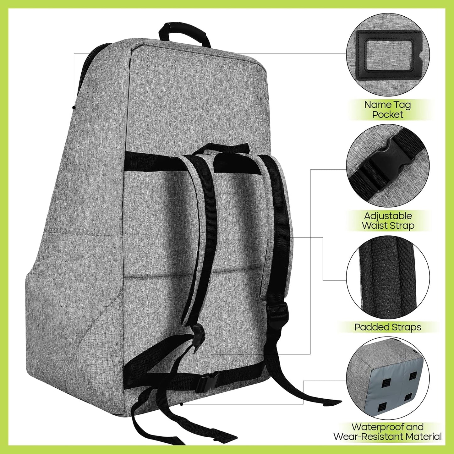 Padded Car Seat Travel Bag for Airplane, Heavy Duty Backpack for Air Travel, Water-Resistant Carrier with Shoulder Strap, Fits Most Car Seats (Grey)