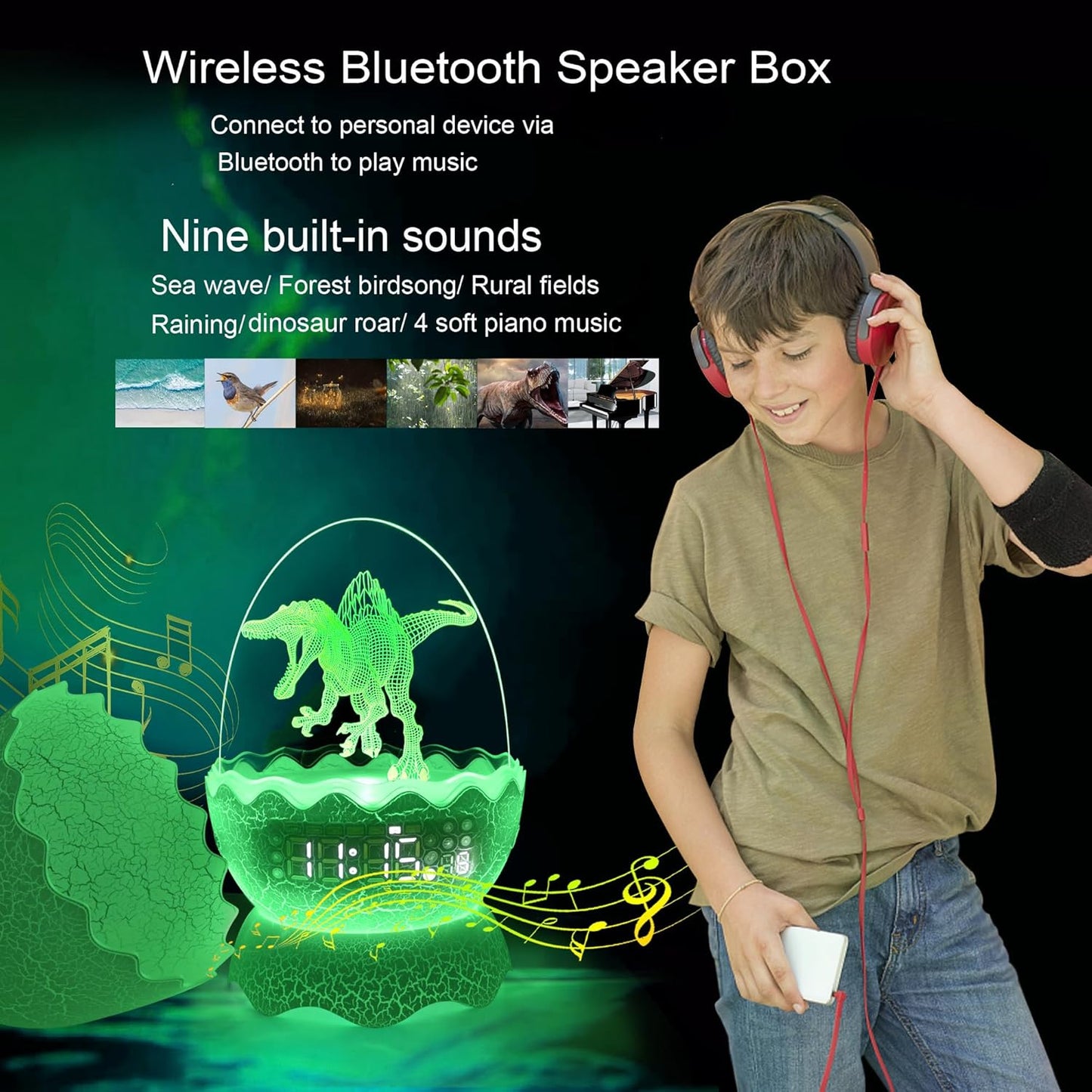 Spinosaurus Alarm Clock/Decorative Lamp/Night Light/Bluetooth Speaker/White Noise Lullaby Machine 4 in1, Remote Control 16 Colors Volume, Creative Gifts for Boys/Girls/Adult