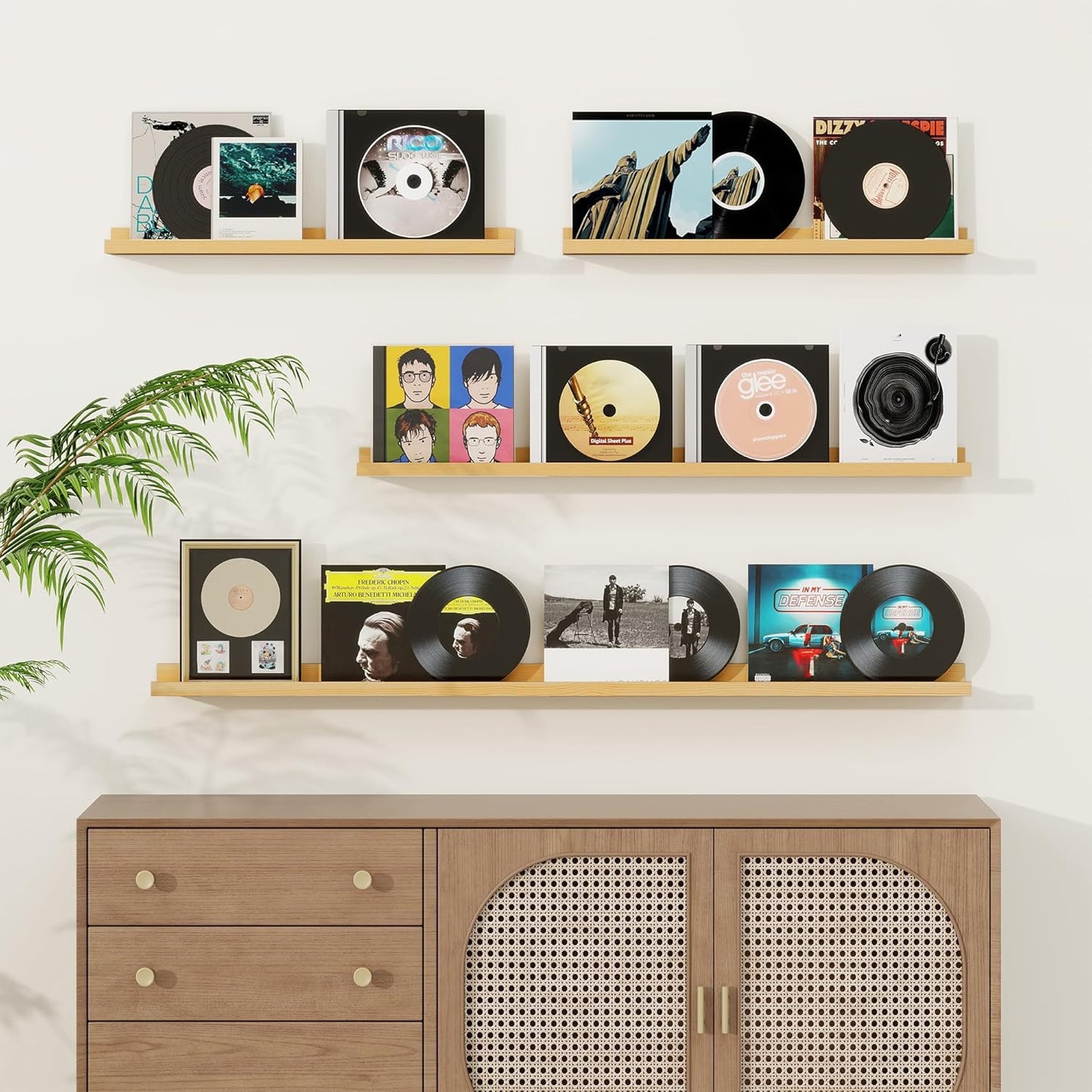 Picture Ledge Shelf, Solid Pine Wood Floating Shelves Set of 4, 16 Inches Nursery Book Shelves for Toys Storage, Kids Bookshelf Wall Mounted for Living Room Decor Photo Frames, Natural