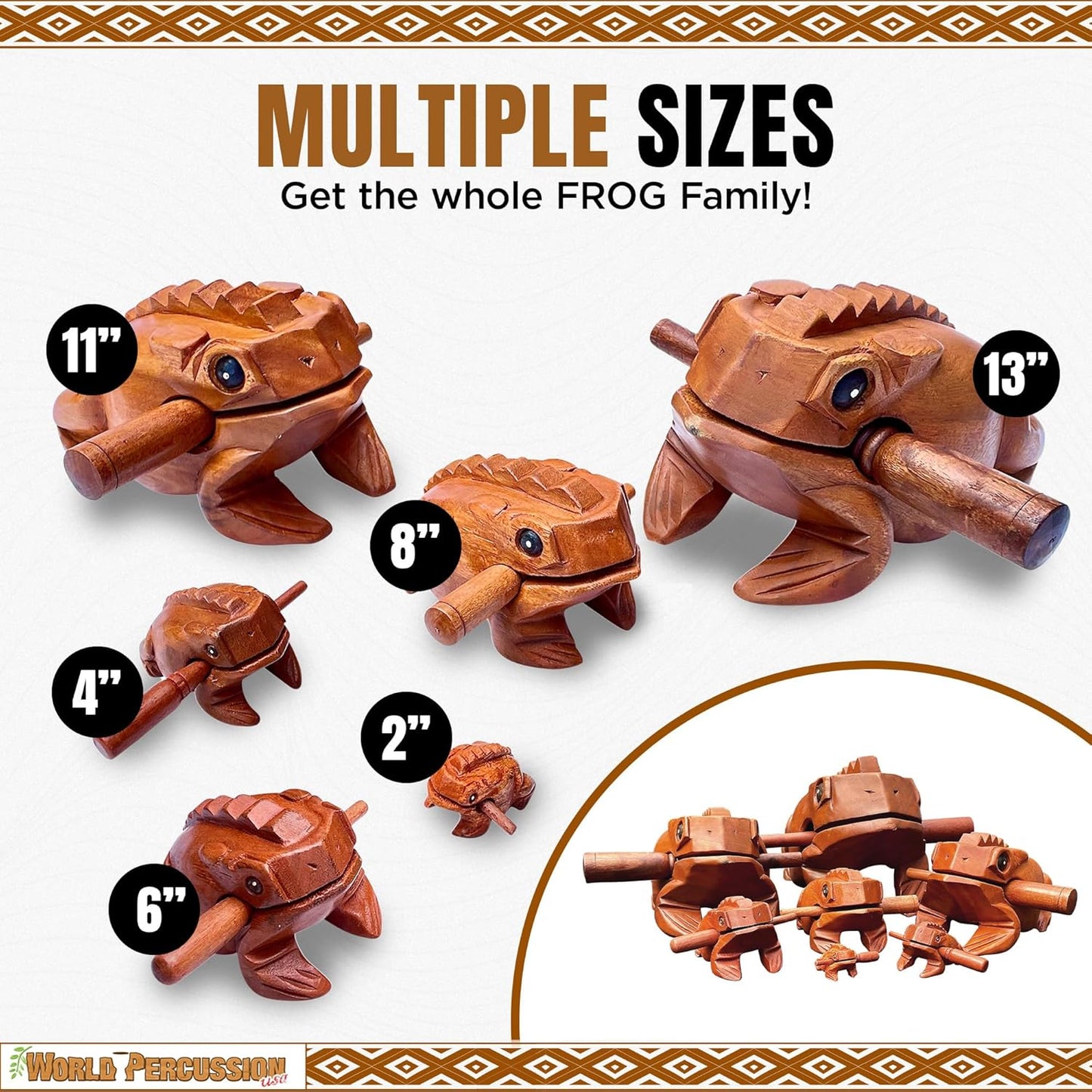 Deluxe Extra-Large 8" Wood Frog Guiro Rasp - Percussion Musical Instrument Tone Block - Wooden Instrument with Stick, Noise Maker by World Percussion USA