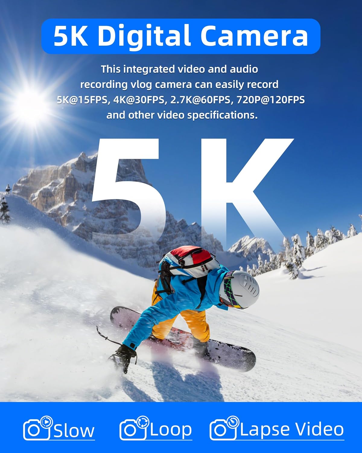 T TAKMLY Digital Camera 5K, Autofocus 16x Zoom 72MP Point and Shoot Cameras Compact Portable with Flash for Kids Boys Girls Teens Students, Anti Shake 2.8'' Screen, 64GB Card Include, Black