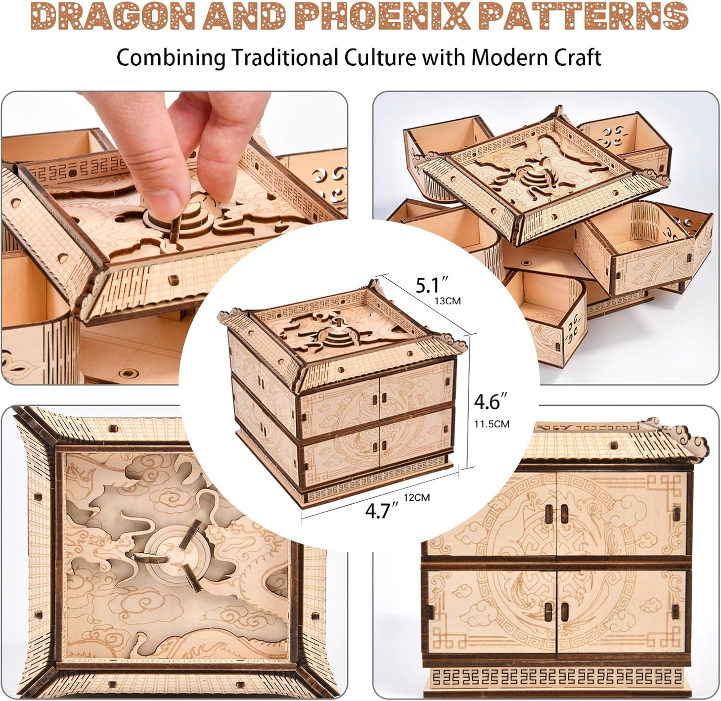 3D Wooden Puzzles for Adults - Mechanical Dragon Treasure Chest Model Kit, DIY Engineering Project, Unique Gift for Men Teens, Collectible Art and Home Display