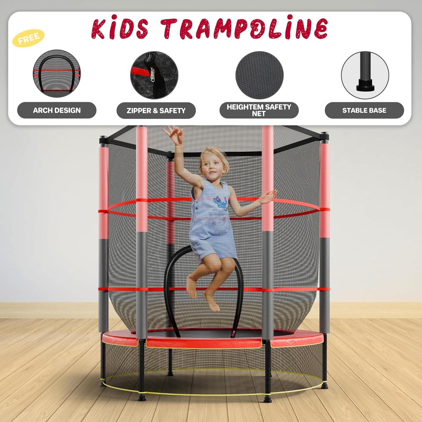 55IN Trampoline for Kids - Indoor/Outdoor Play with Enclosure Net - Easy to Assemble Recreational Trampoline - Red
