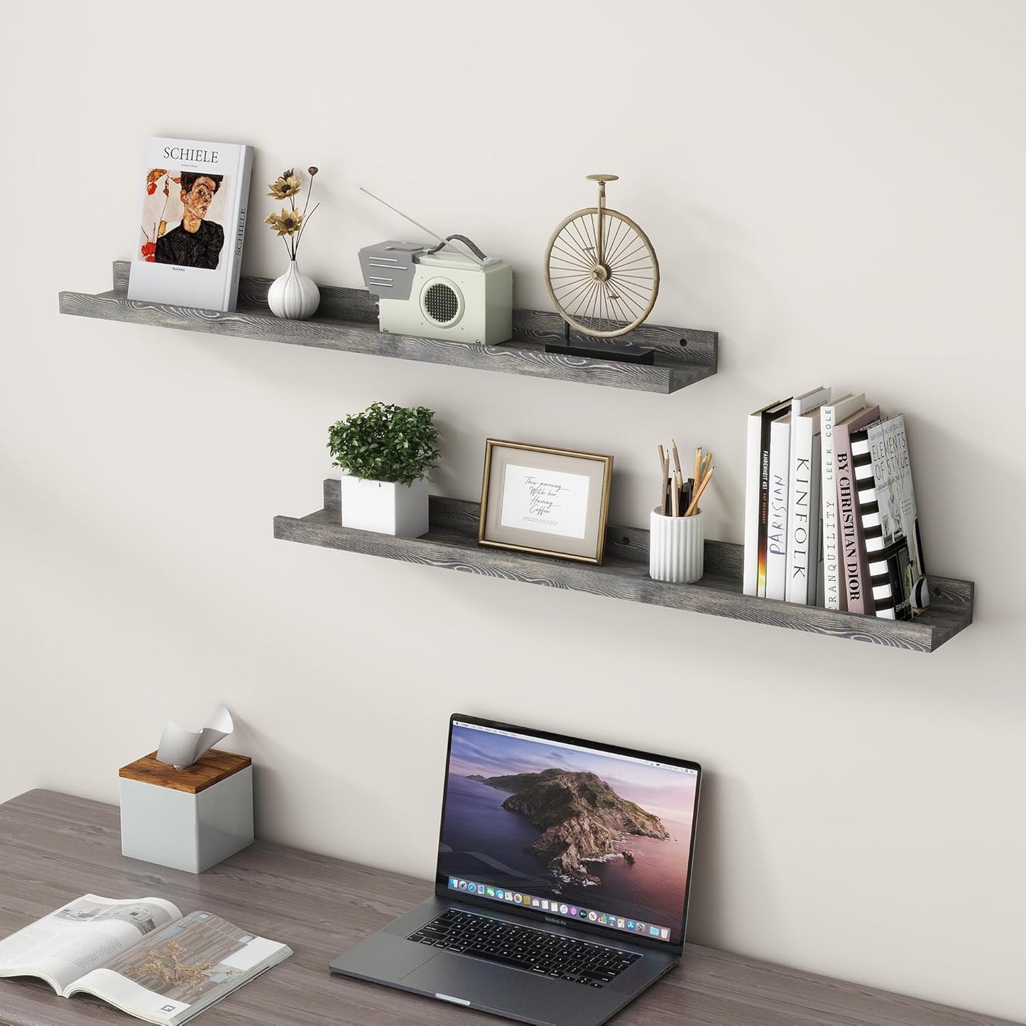 36 Inches Floating Shelves for Wall, Solid Pine Wood Picture Ledge Shelves, Wall Shelves with Lips, Nursery Book Shelves for Toys Storage Living Room Bedroom Photo Frames (2 Pcs, Grey)