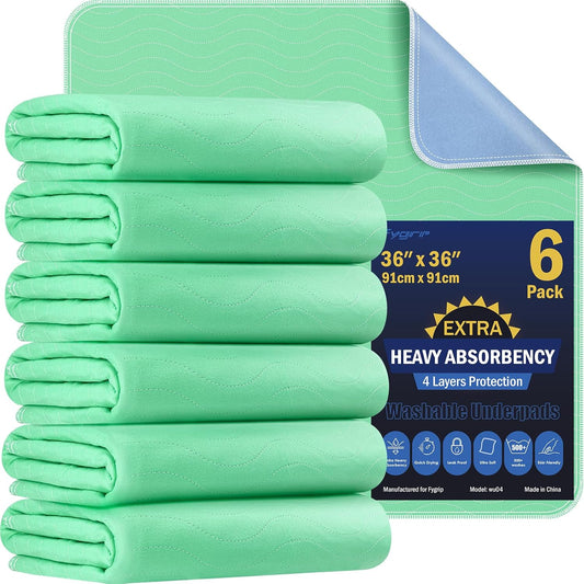 6 Pack 36” x 36” Extra Heavy Absorbency Washable Underpads, Waterproof Quick Drying Nursing Pads Incontinence Bed Pads, Reusable Washable Pee Pads for Dogs, Diaper Changing & Adults