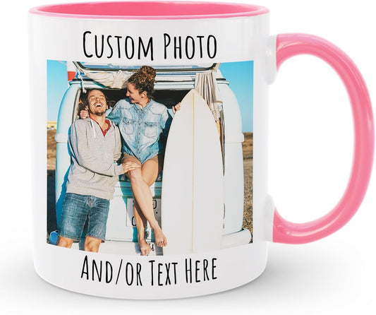 Personalized Coffee Mug | Custom Photo Text or Logo Ceramic Mug | Customized 11 Oz Tea Cup – Unique Gift for Women & Girl | Taza Personalizadas Design with Picture and Words | White – Pink