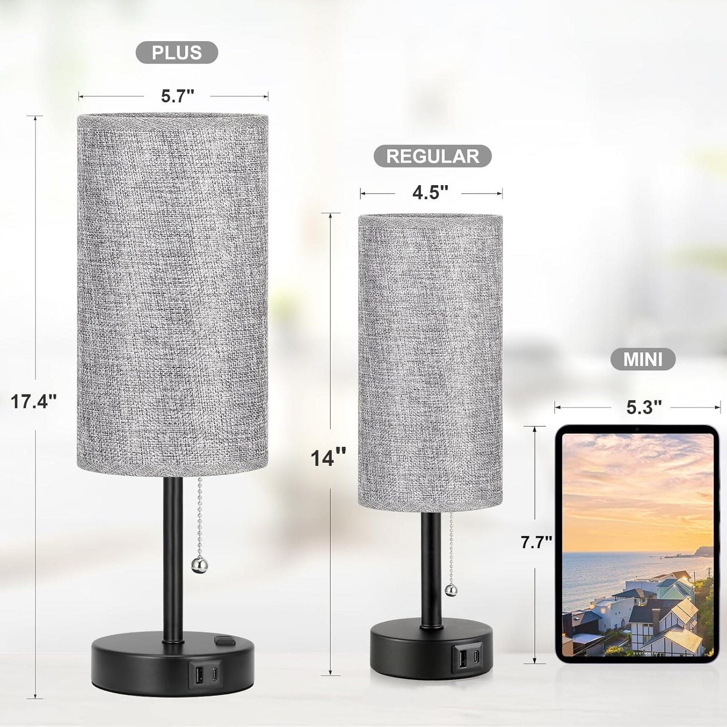 17.4Inches Grey Bedside Lamp for Bedroom Nightstand - Tall Table Lamp with USB A + C Charging Port & AC Outlet, 3 Color Temperatures Pull Chain Light, Side Table Desk Reading Lamp for Living Room