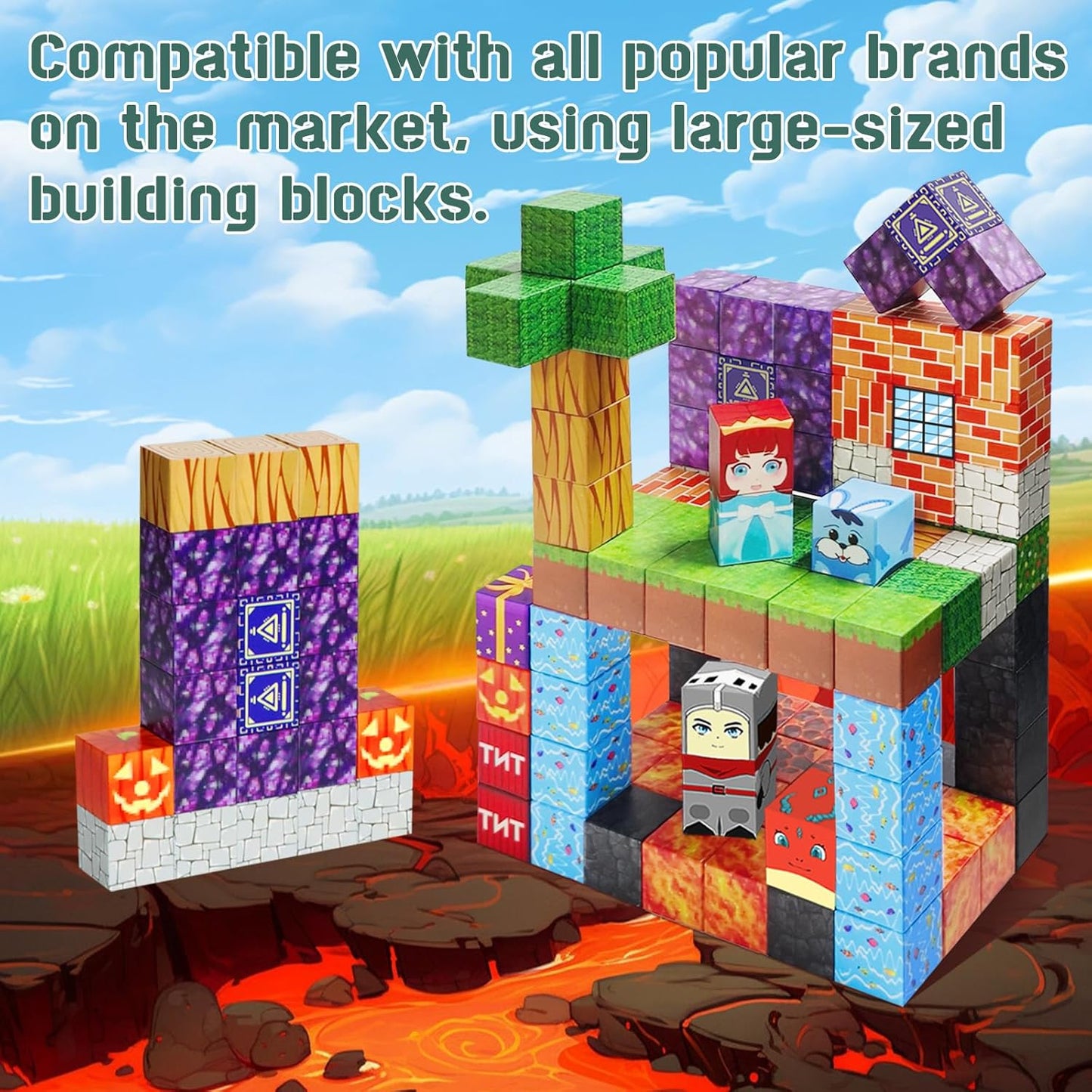 100PCS Magnetic Blocks-1inch -Adventure at Lava World Blocks Set - Magnetic Cubes Building Blocks Toys for Halloween Christmas Birthday Gift - STEM Sensory Toys for 3+ Years Old Girl Boys