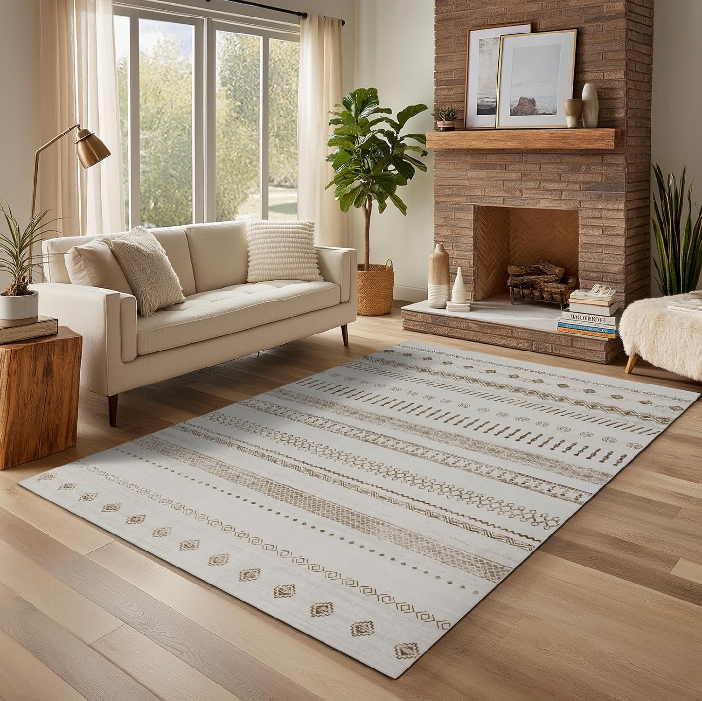 9x12 Area Rug Living Room Rugs, Boho Stain Resistant Washable Rug, Vintage Large Non-Slip Backing, Low Pile Lightweight Print Rug for Bedroom Dinning Room Home Office (Beige)