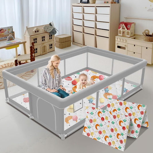 74x50 Inch Baby Playpen with Mat, Playpen with Cute Mat for Babies and Toddlers Play Pen Playards Safety Gate Fence Active Center Indoor
