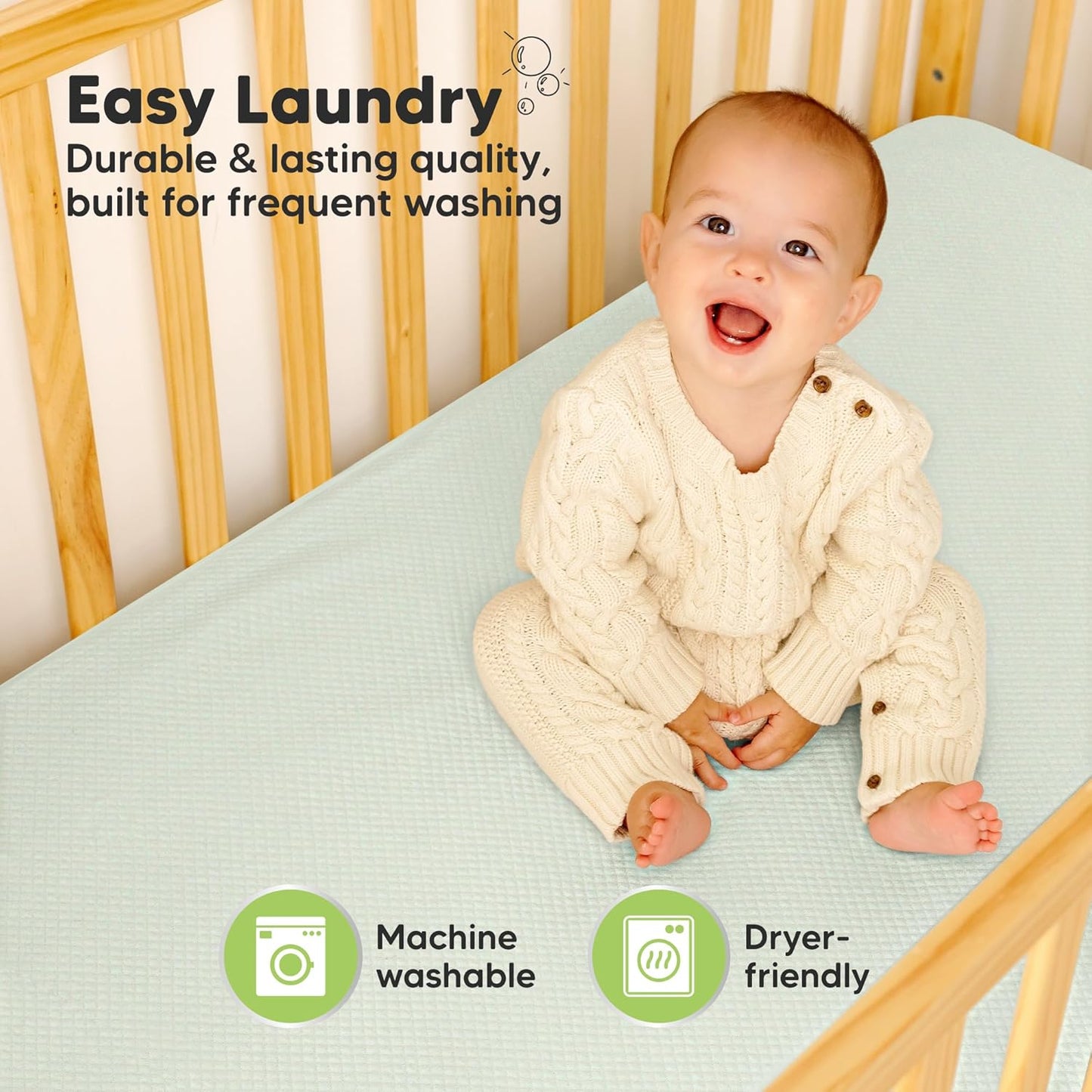 Waterproof Crib Mattress Protector Cover Fitted - 2-Pack Quiet Baby Crib Mattress Pad Sheets, 52" x 28" Soft Quilted Cotton Baby Sheet, Machine Washable, Easy Fit, Durable (Soft Fern/Quin)
