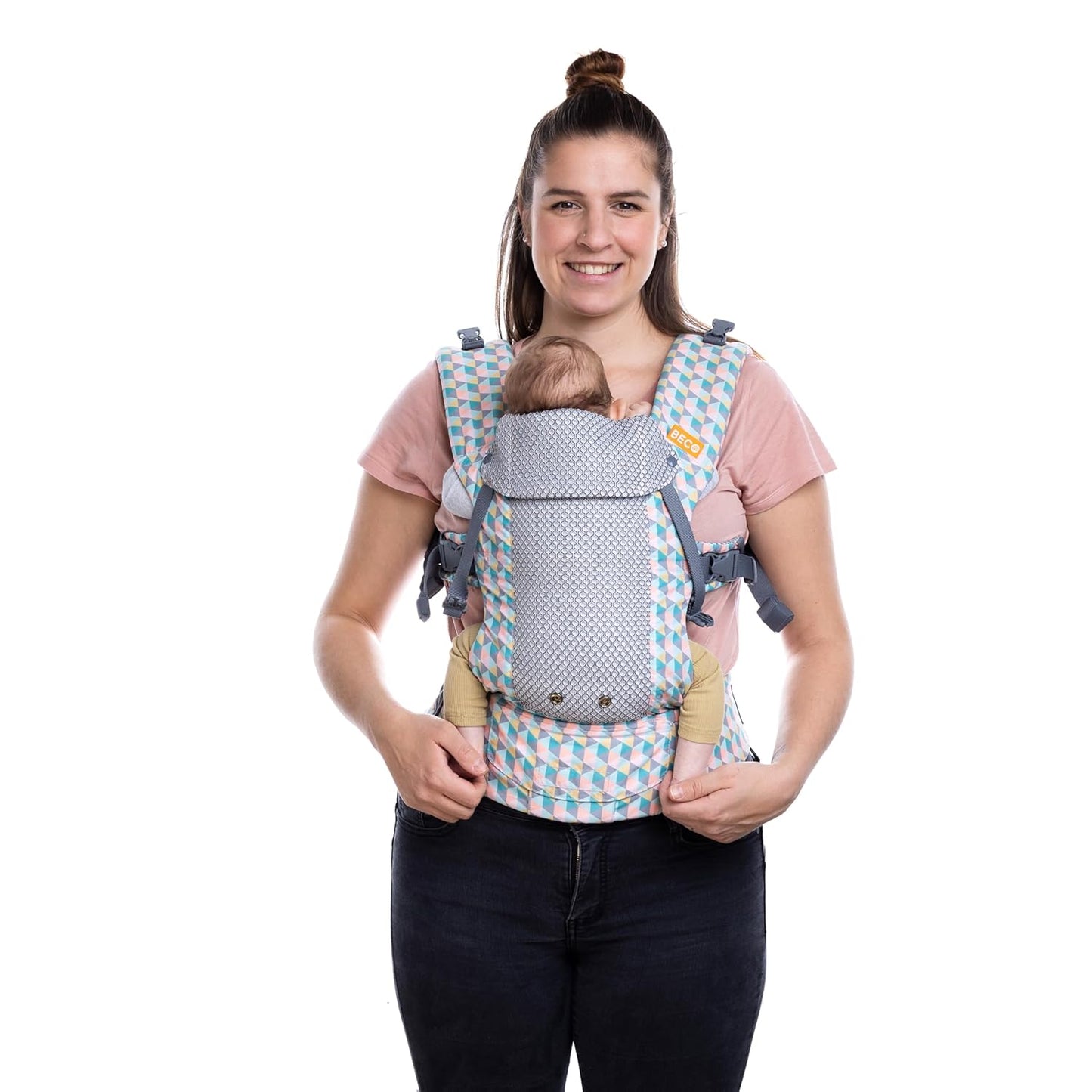 Beco Gemini Baby Carrier from Newborn to Toddler - Certified Ergonomic Newborn Baby Carrier for Infants and Children of 7-35 lbs - M Shape, Adjustable Seat, Breathable 3D Mesh (Cool Grey Geometric)