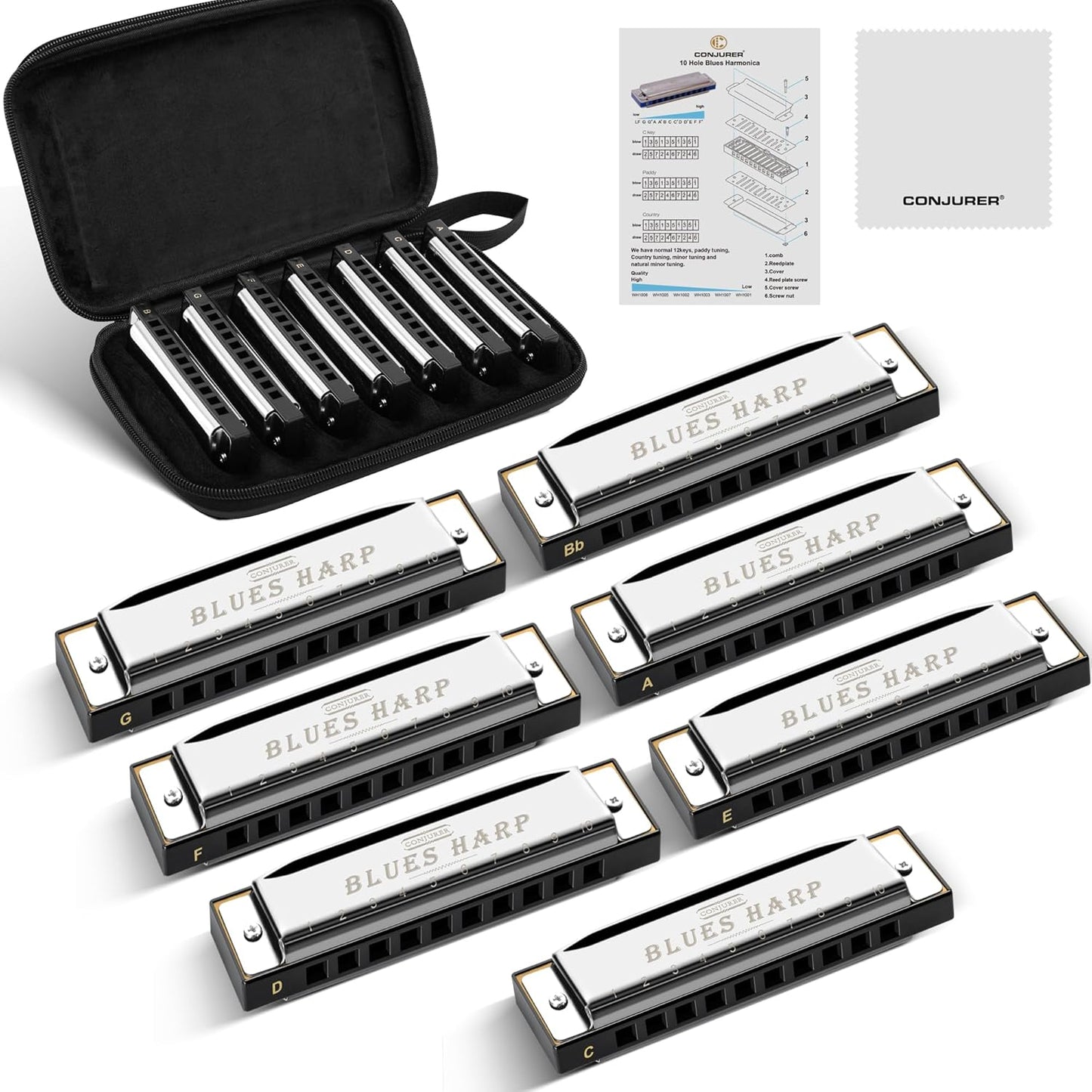CONJURER Blues Harmonica for Beginners, 10 Hole Bb Key Diatonic Blues Harp with Stainless Steel Cover & Phosphor Bronze Reeds, Professional Grade for Adults, Gifts (Silver Bb）
