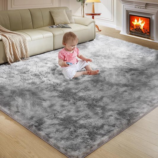 5X8 Ultra Soft Rug for Living Room, 5X8 Fluffy Shag Area Rug for Bedroom, Modern Shaggy Carpets Fuzzy Rug for Teens Dorm Nursery Home Decor Aesthetic, Upgrade Anti-Skid Durable, Tie-Dyed Light Grey