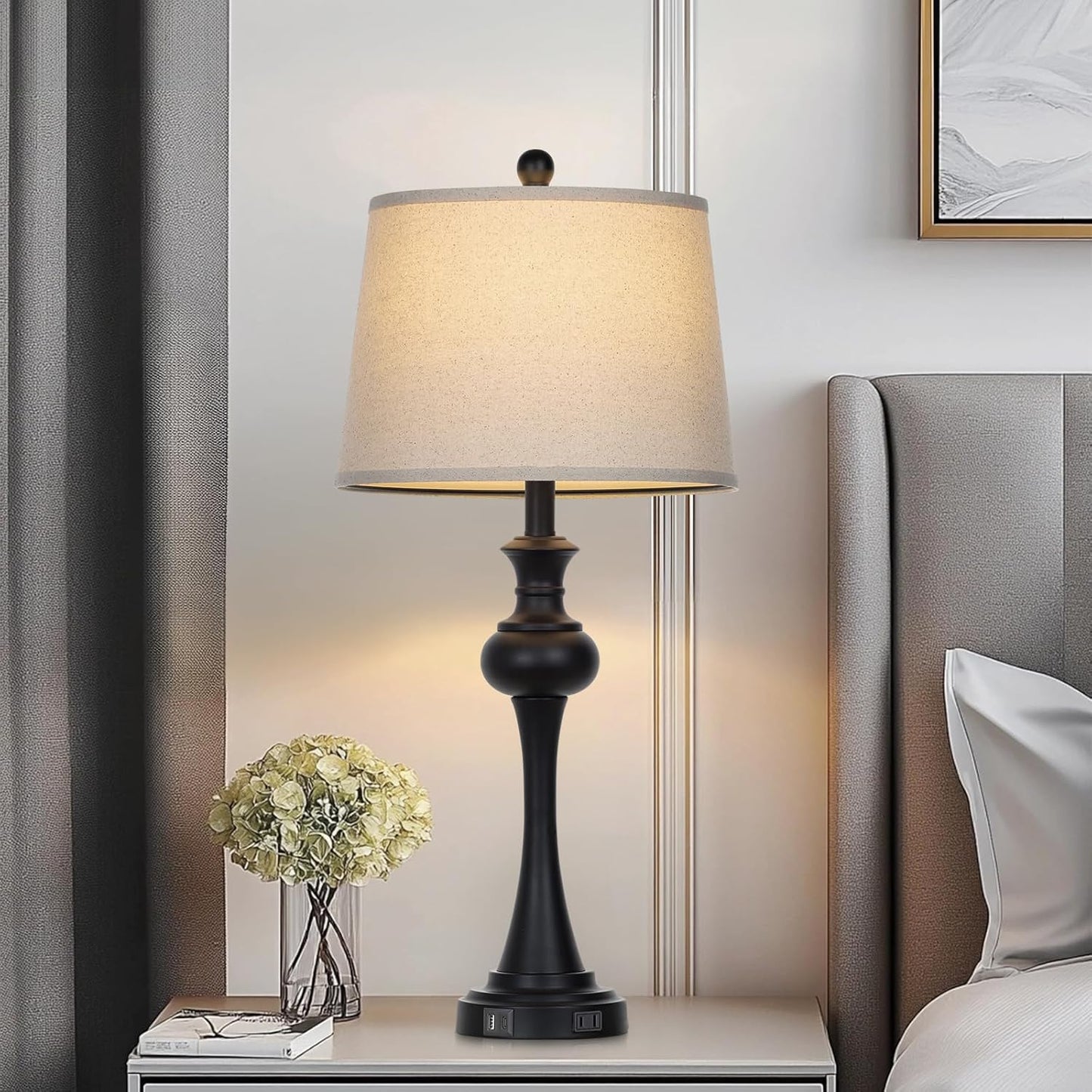 28.75" Black Table Lamps Modern 3-Way Dimmable Bedside Lamp with USB A+C Ports & AC Outlets for Living Room Bedroom Nightstand Lamp,Beige Fabric Shade Mid Century Accent Style