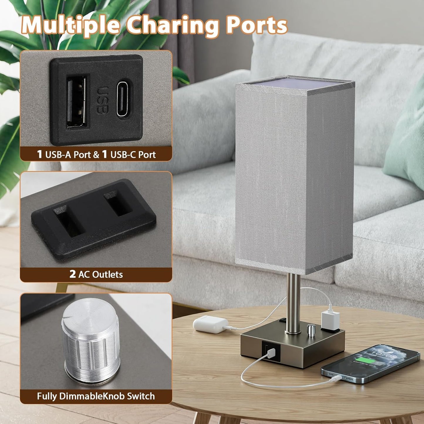Grey Fully Dimmable Nightstand Lamps Set of 2 - Table Bedside Lamp with USB C+A Charging Ports & 2 AC Outlets, Square Lamp Sets Linen Fabric Shade for Bedroom Living Room(Bulb Included)