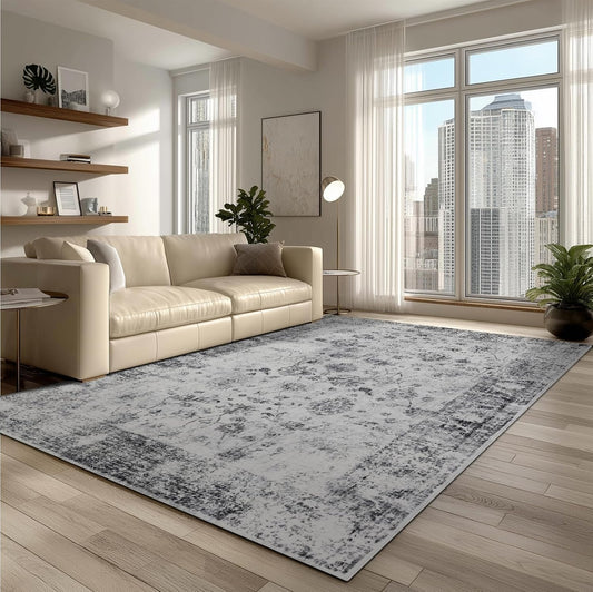 4x6 Washable Area Rug for Living Room, Carpet for Bedroom, Soft Faux Wool Retro Dining Room Rug, Non Slip&Non-Shedding Resistant Low Pile Vintage Print Rug for Home Office (White/Grey)