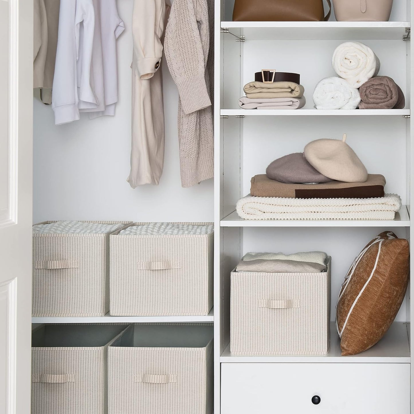 StorageWorks Storage Baskets for Shelves, Foldable Fabric Closet Storage Bins with Handles, Fabric Storage Bins Clothes Organizer, Beige Stripes, 3-Pack, Extra Large