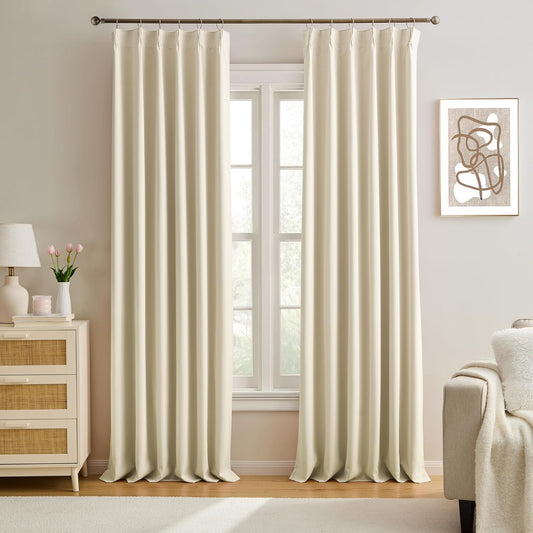 KEQIAOSUOCAI 104 Inch Long Pleated Curtains 2 Panels, Memory Trained Pinch Pleat Drapes with Hooks,Home Decor for Dining Bedroom, Privacy for 102-105 Inches Large Window,Cream Beige