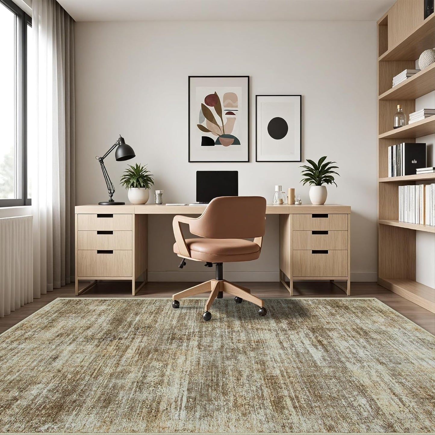 Area Rug 5x7 Living Room Rugs: Abstract Large Washable Rugs with Non-Slip Backing, Thin Carpet for Dining Room Table Bedroom Nursery Indoor Home Office-Brown