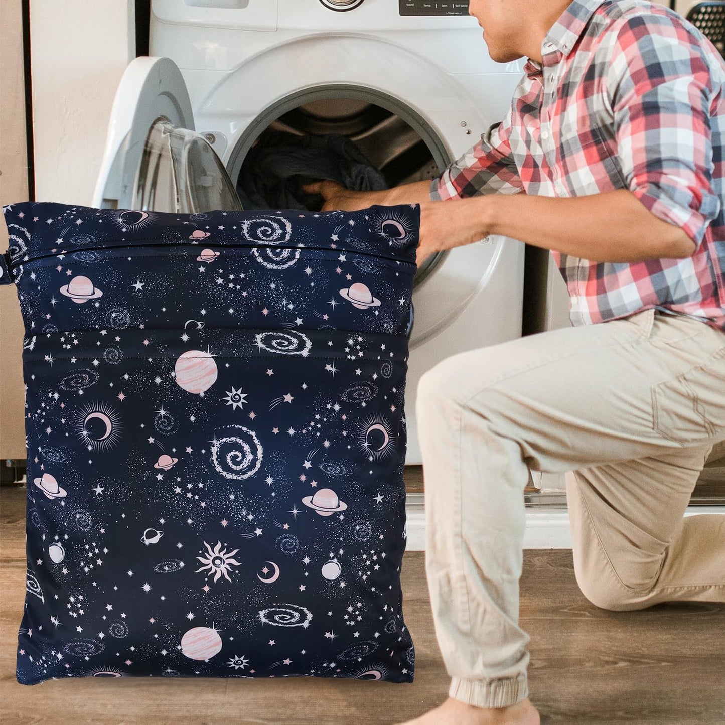 2pcs Travel Waterproof Laundry Bag, Cloth Diaper Wet Dry Bags with Handle & 2 Zipper Pockets, Reusable Washable Dirty Clothes Bag for Baby Adult Travelling Hanging, Bathing Beach Pool Daycare