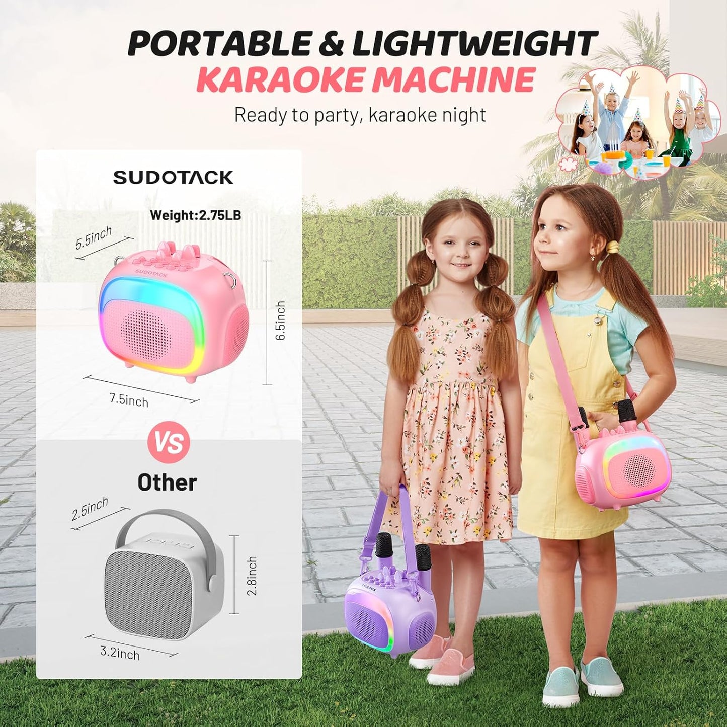 SUDOTACK Mini Karaoke Machine for Kids, Portable Bluetooth Karaoke Speaker with 2 Wilreless Microphones with LED Lights, Christmas Kids Toys Gifts for Girls 4, 5, 6, 7, 8, 9, 10 +Year Old-Pink(KM100)