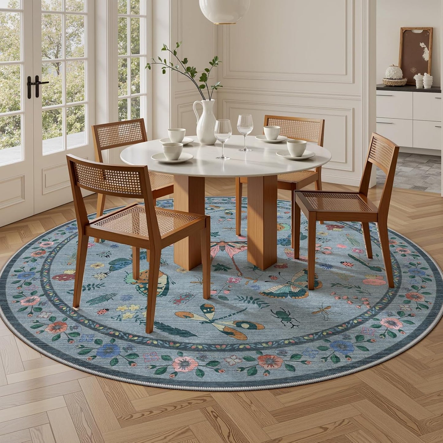 6ft Washable Round Rug - Bug Rugs for Living Room Non-Slip Low Pile Soft Ultra-Thin Machine Washable Circle Carpet for Bedroom, Entryway, Nursery, Kitchen, Home Office (6' Round Blue)