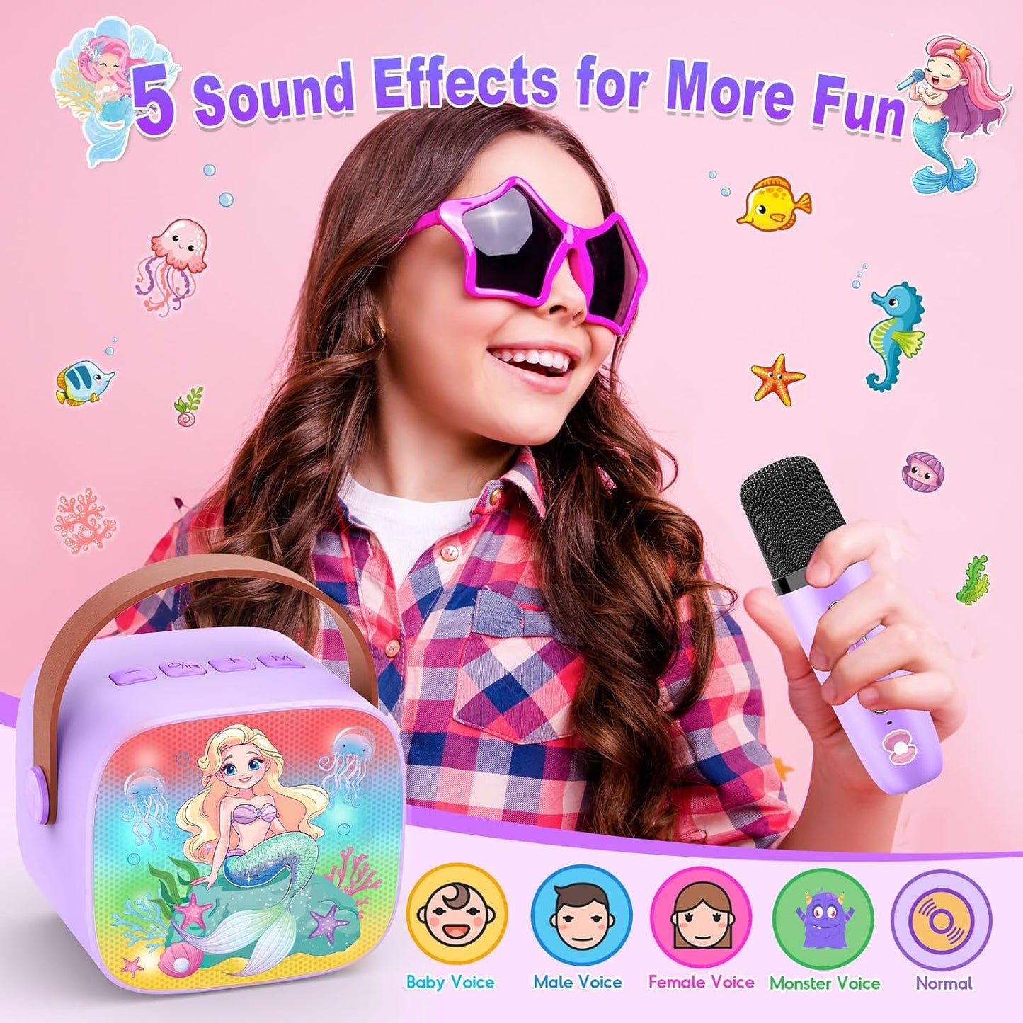 Mermaid Mini Karaoke Machine Toys: Kids Toys Girls Birthday Gifts Age 3-12+ LED Portable Bluetooth Speaker with 2 Wireless Microphone Gift Toy for 4 5 6 7 8 9 Years Old Girl Boy Kid Adult
