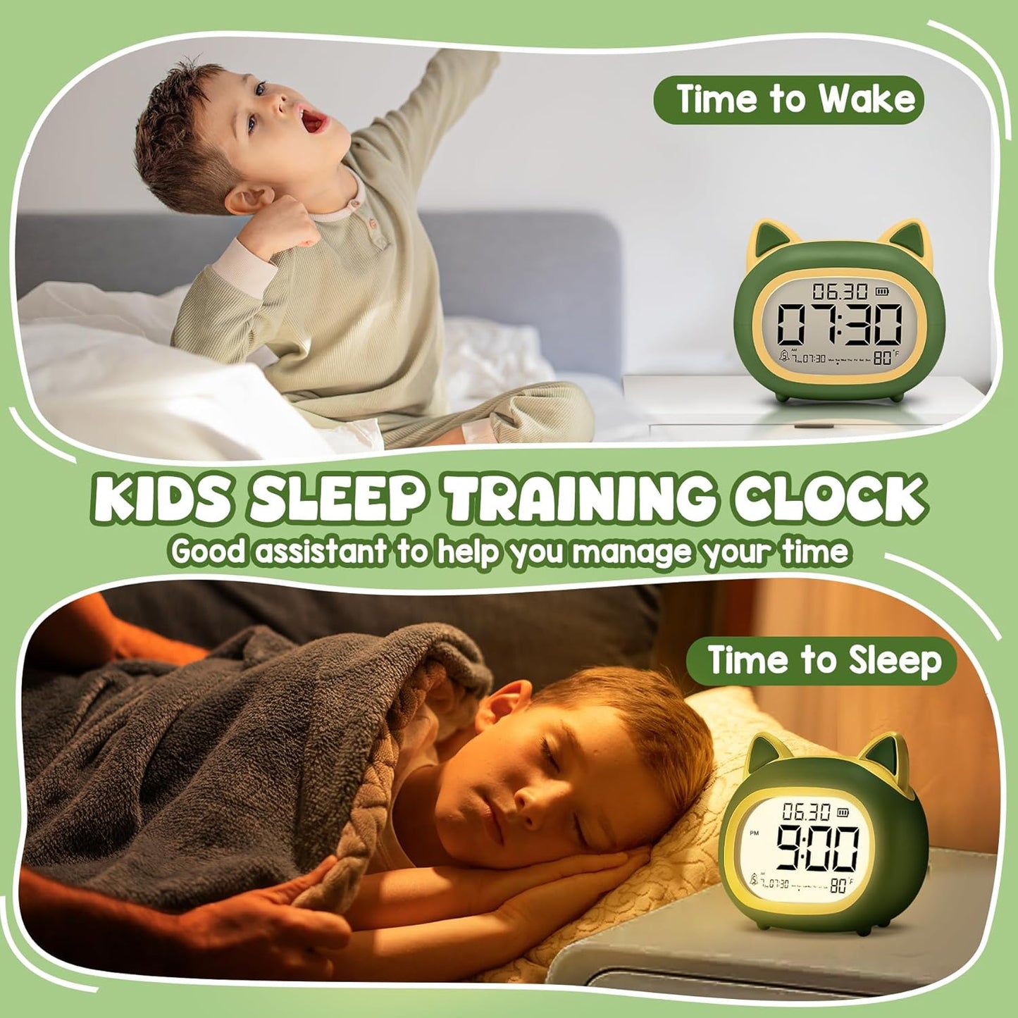 Kids Alarm Clock with Night Light for Kids, Small Digital Alarm Clocks for Bedrooms, Routine Builder, Cute Cat Alarm Clock with Sleep Training, Snooze, 12/24H, Date & Day, Temperature, USB Port