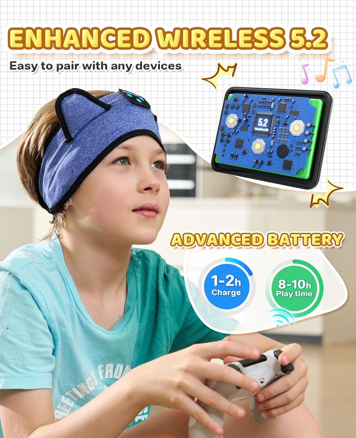 KIDSBAND Kids Headphones, Bluetooth Headphones for Kids with Adjustable Headband, 3.5 MM Jack for School, Foldable On-Ear Headset for Girls Boys Children, Kindle Tablet Cellphones Airplane Travel