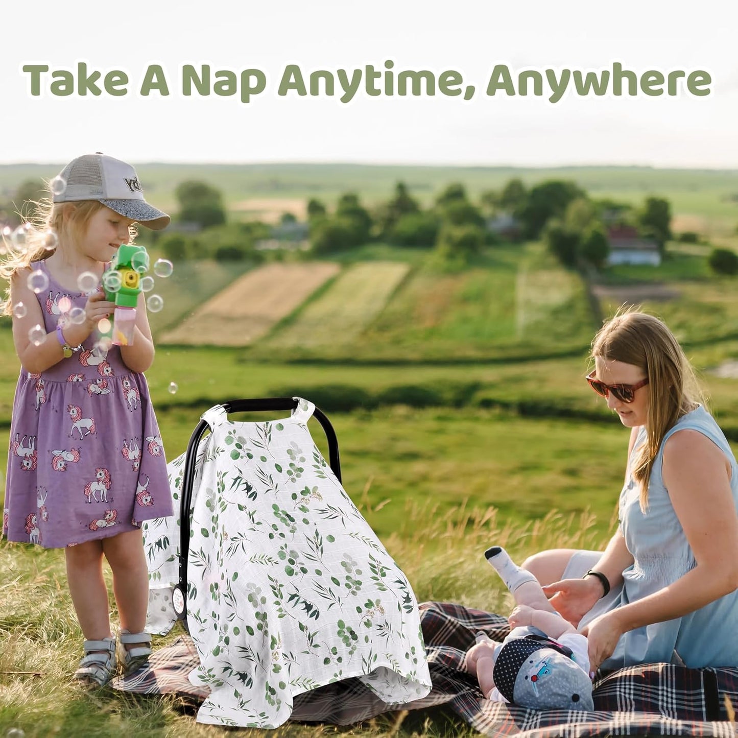 Rquite Car Seat Cover for Girl Boy, Muslin Cotton Infant Car Seat Canopy, Breathable Baby Carrier Cover, Summer Stroller Sun Shade, Leaf