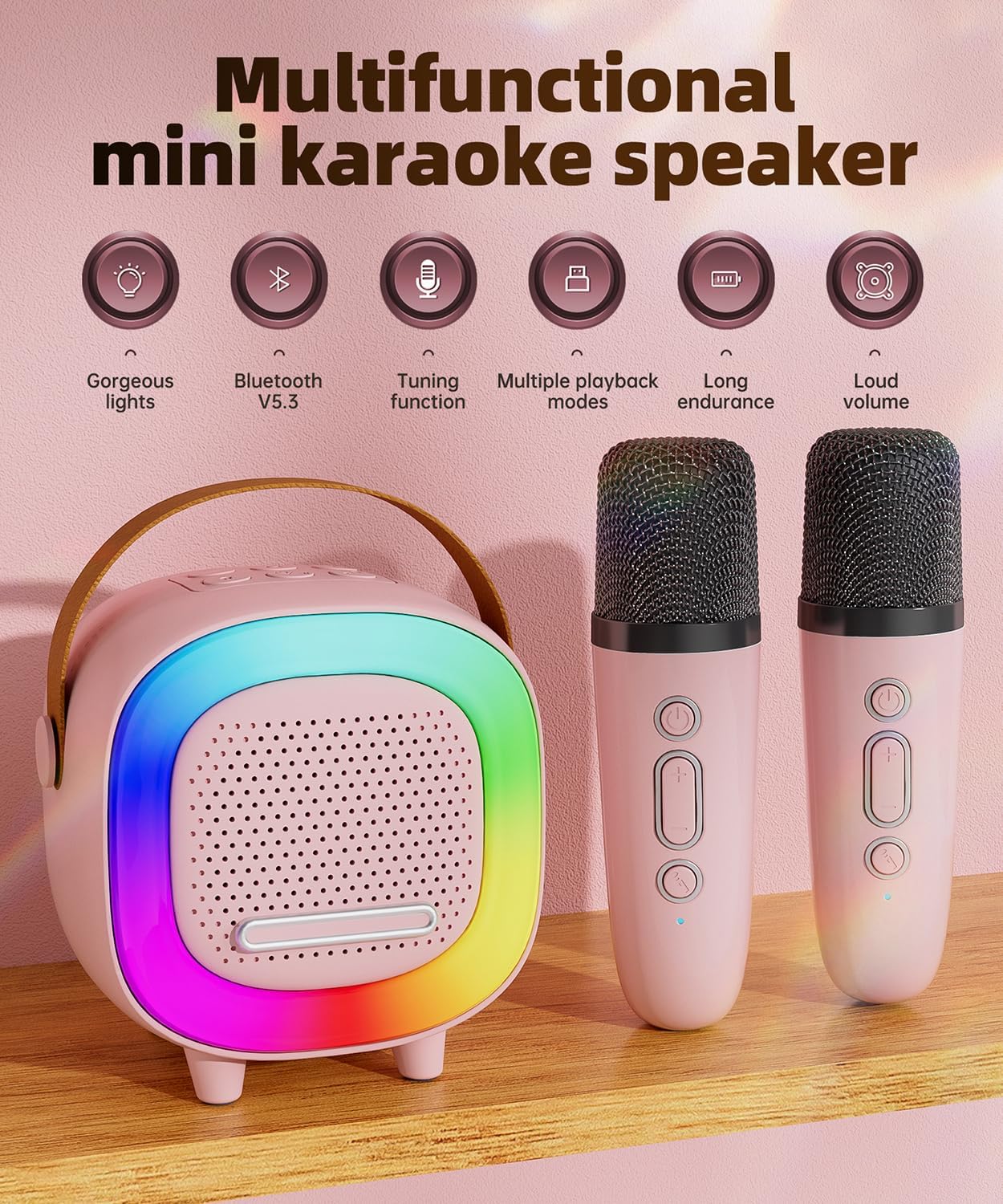 Mini Karaoke Machine Speaker for Kids Adults, Portable Bluetooth with 2 Wireless Microphones, Christmas Birthday Gift Ideas for Toys for Teens Boys and Girls Aged 4, 5, 6, 7, 8, 9, 10, 11, 12+