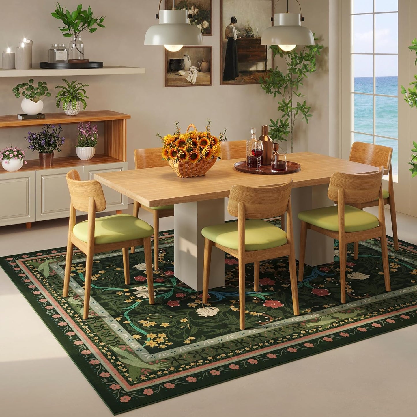 Area Rugs 8x10 for Living Room Clearance Washable Vintage Floral Botanical Rug Non Slip Low Pile Large Rug for Bedroom, Farmhouse, Dining Room, Kids Playroom, Green