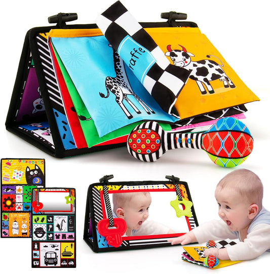 3-in-1 Tummy Time Mirror with Soft Crinkle 3D Activity Book, Teethers, Rattle - High Contrast Black and White Montessori Baby Crawling Toys Developmental Newborn Infant Sensory Toys Gift 0-12 Months