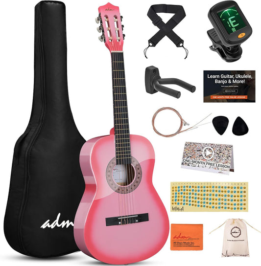 ADM Beginner Acoustic Classical Guitar 36 Inch Nylon Strings Wooden Guitar Bundle Kit for Kid Boy Girl Student Youth Guitarra Online Lessons with Gig Bag, Strap, Tuner, Strings, Picks, Pink