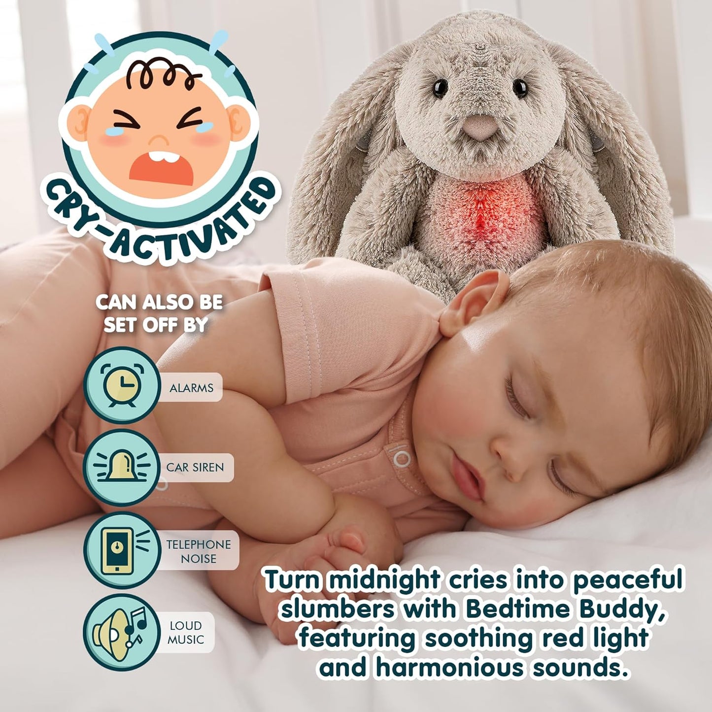 Gemma Joy Bedtime Baby Soothers for Sleep, Cry Activated Heartbeat Stuffed Animal for Baby, Newborn, Calming Light, Lullaby Music, White Noise, Shush and Mother’s Heartbeat - (Bunny, Rechargeable)