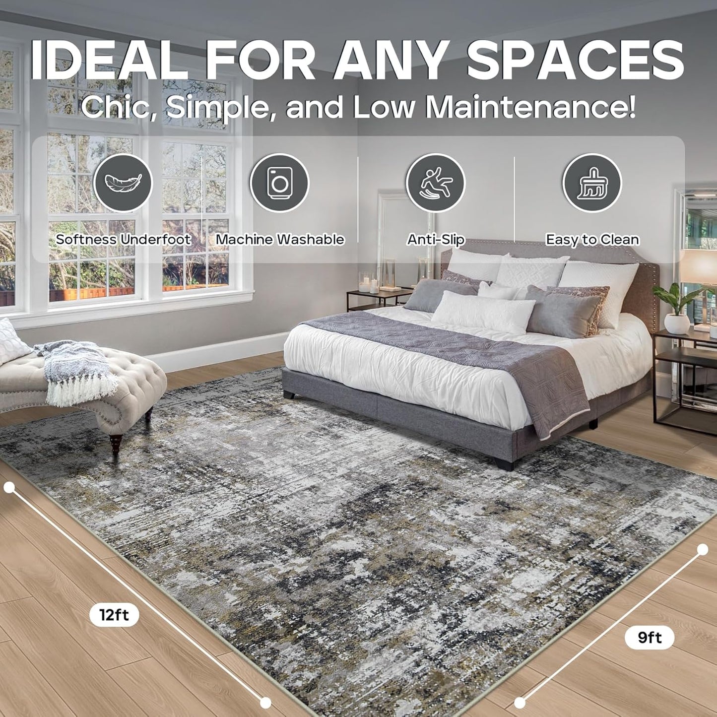 9x12 Area Rugs for Living Room Rug Washable: Modern Large Rug for Dining Room Bedroom Carpet Non Slip 9 by 12 Indoor Abstract Nursery Home Office Black Gold