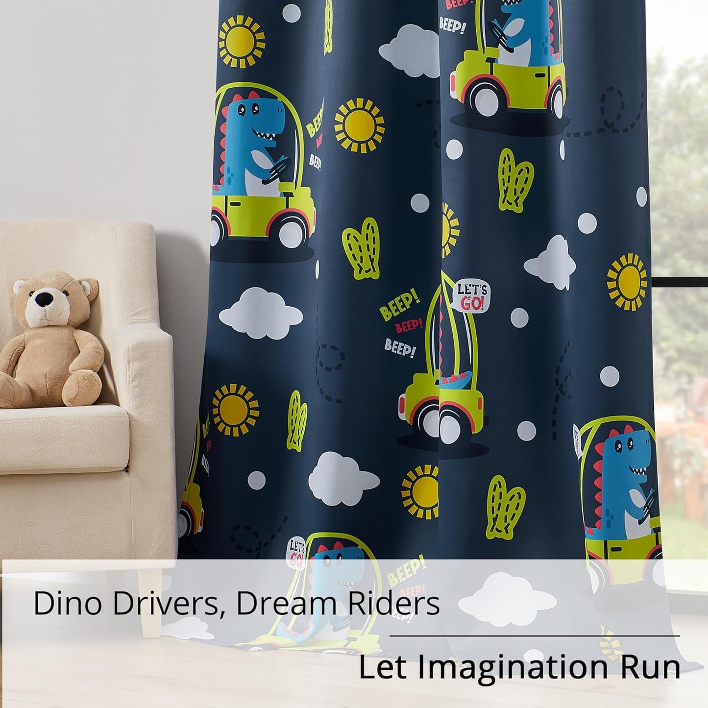 Kids Dinosaur Blackout Curtains - 2 Panels, Each W52*L84 with 100% Blackout, Thermal Insulated, and Noise Reducing, Perfect for Kids Room, Bedroom, Nursery