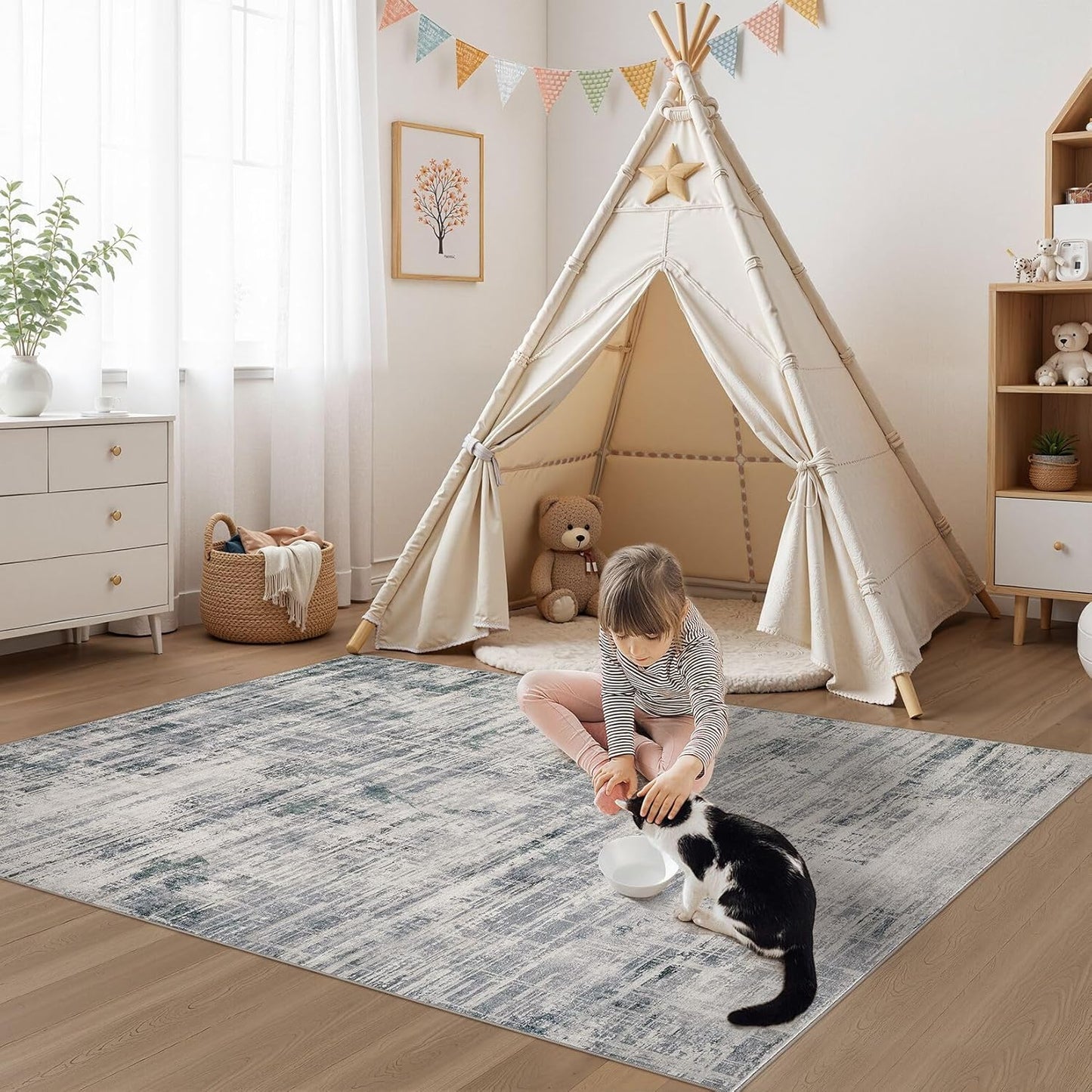 Area Rug for Living Room: 4x6 Washable Neutral Abstract Modern Soft Rugs Non Slip Indoor Floor Stain Resistant Carpet for Bedroom Dining Room Office Nursery - Gray